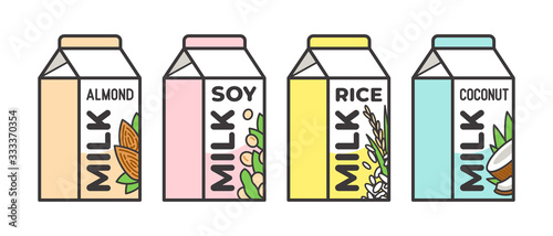 Set of different vegetable milk - almond, rice, coconut, soybeans. Vegan, vegetarian product.