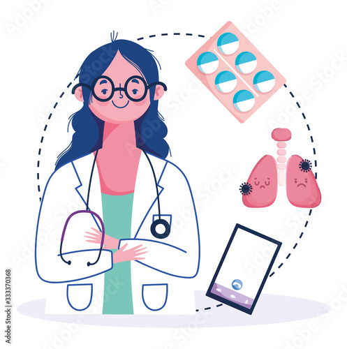 online health, female doctor smartphone pneumonia medicine covid 19 pandemic