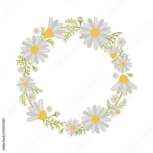 Wreath of Daisies: blossoms, leaves, buds. Floral texture perfectly for invitations, greeting card, fabric, wrapping paper and other printing. © Dalia