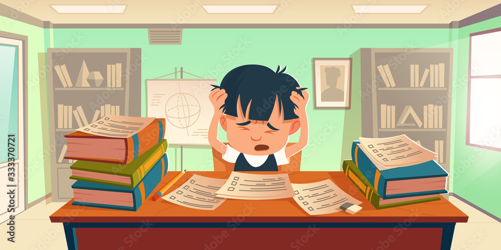 Kid got stress doing homework or prepare for exam. Cartoon schoolboy sitting at desk holding head, textbooks piles and test paper forms scattered around. Sad student in school Vector illustration