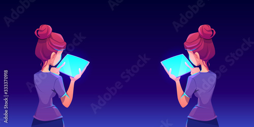 Teenage girl using smartphone app. Woman hold in hand tablet with shiny blue screen back view. Vector cartoon illustration with gadget user. Ads of mobile device application