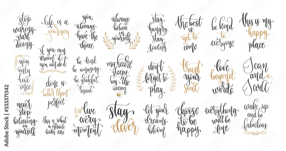 set of 25 hand lettering inscription text positive quotes design, motivation and inspiration phrases