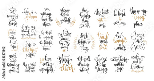 set of 25 hand lettering inscription text positive quotes design, motivation and inspiration phrases