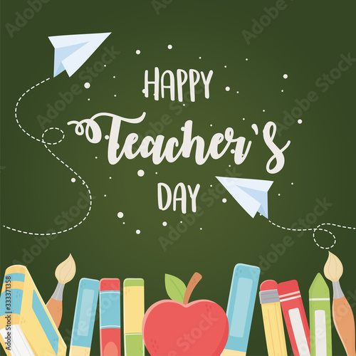 happy teachers day, school education elements apple and books