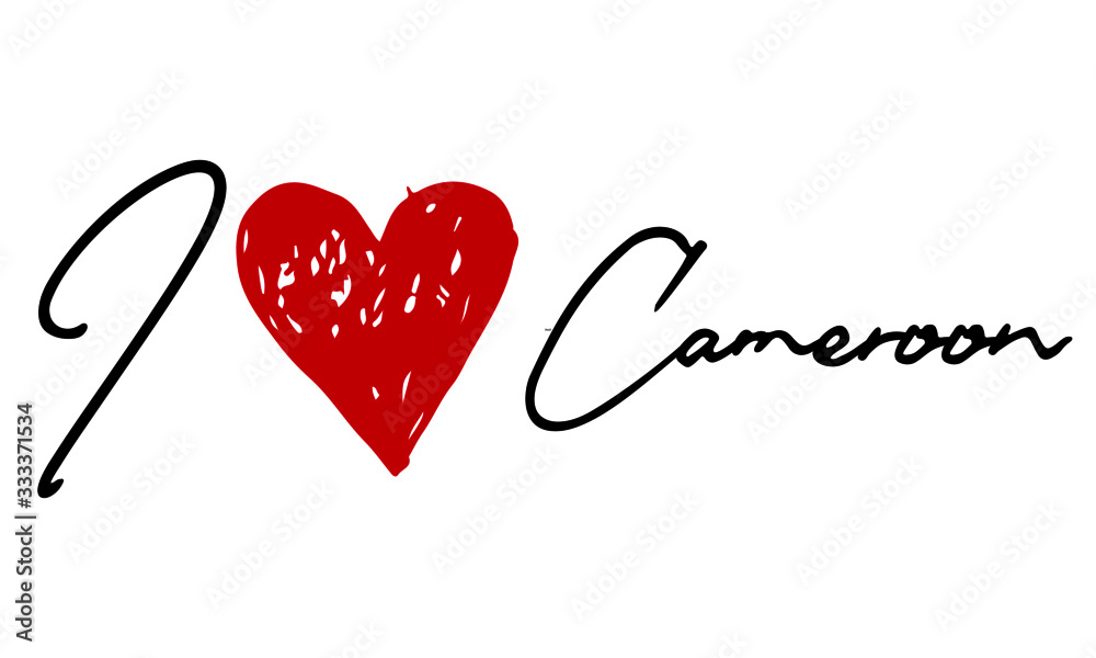 I love Cameroon Red Heart and Creative Cursive handwritten lettering on white background. I love Cameroon Red Heart and Creative Cursive handwritten lettering on white background.