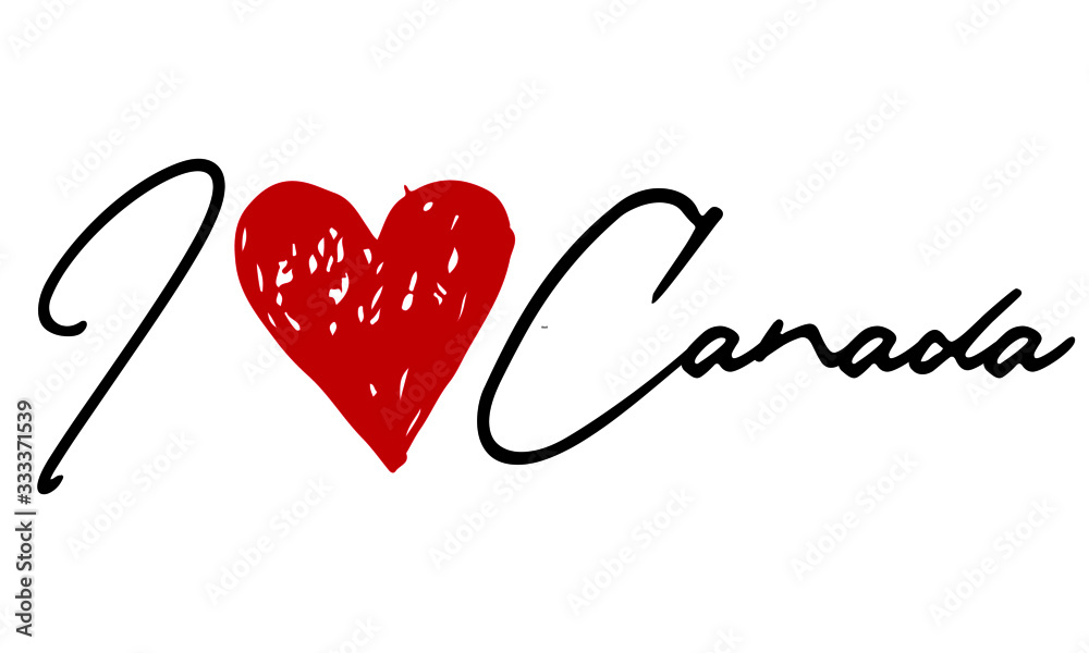 I love Canada Red Heart and Creative Cursive handwritten lettering on white background.