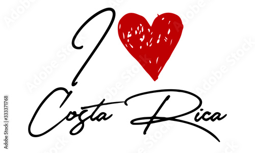 I love Costa Rica Red Heart and Creative Cursive handwritten lettering on white background.