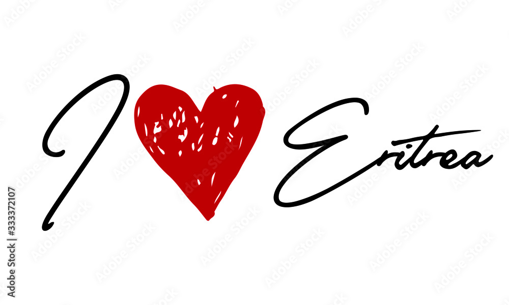 I love Eritrea Red Heart and Creative Cursive handwritten lettering on white background. I love Eritrea Red Heart and Creative Cursive handwritten lettering on white background.