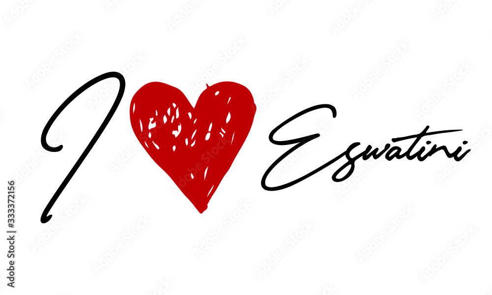 I love Eswatini Red Heart and Creative Cursive handwritten lettering on white background. I love Eswatini Red Heart and Creative Cursive handwritten lettering on white background.