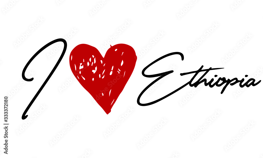 I love Ethiopia Red Heart and Creative Cursive handwritten lettering on white background. I love Ethiopia Red Heart and Creative Cursive handwritten lettering on white background.