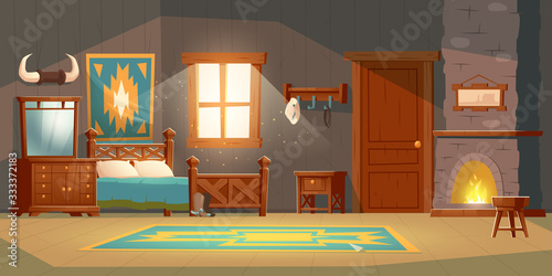 Cowboy bedroom interior with wooden bed, nightstand, fireplace and hat on hanger. Vector cartoon illustration of room in rustic house in wild west, western ranch with bull horns, carpet and mirror