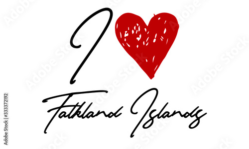 I love Falkland Islands Red Heart and Creative Cursive handwritten lettering on white background.