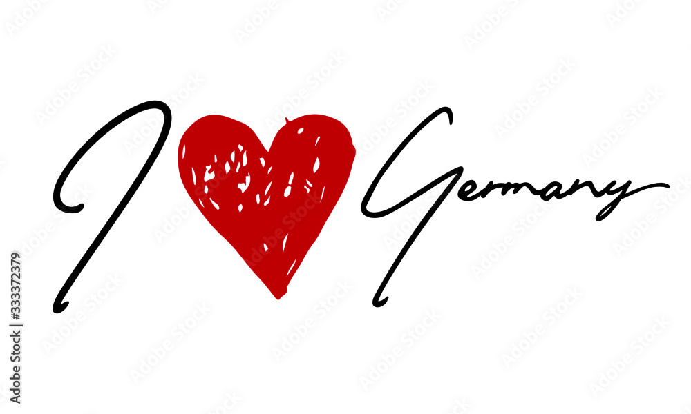 I love Germany Red Heart and Creative Cursive handwritten lettering on white background.