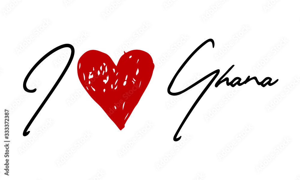 I love Ghana Red Heart and Creative Cursive handwritten lettering on white background.