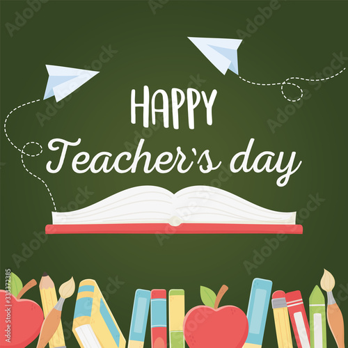happy teachers day, book apples pencils crayons paper school