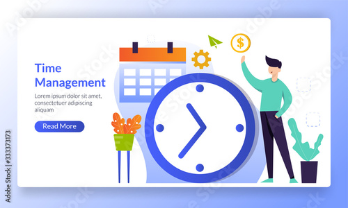 Time Management concept planning, Alarm clock rings on, working time schedule, landing page template for banner, flyer, ui, web, mobile app, poster