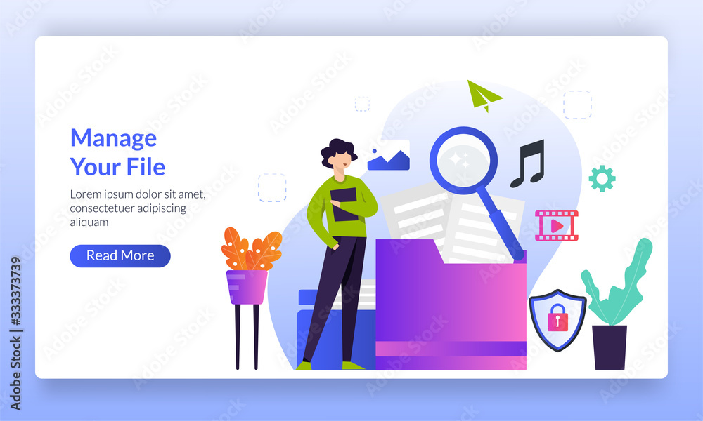 Manage file concepts, people organize folders with media files, keeping digital information, landing page template for banner, flyer, ui, web, mobile app, poster