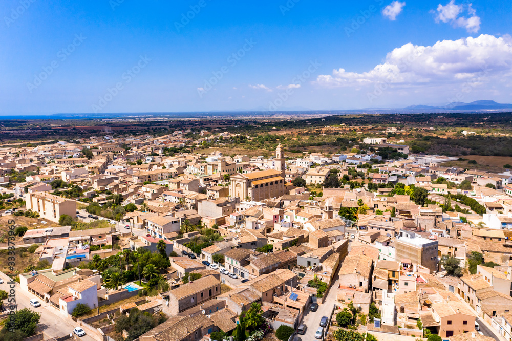 Aerial view, the village of ses Salines, with the Esglesia Ses Salines church, Mallorca, Balearic Islands, Spain