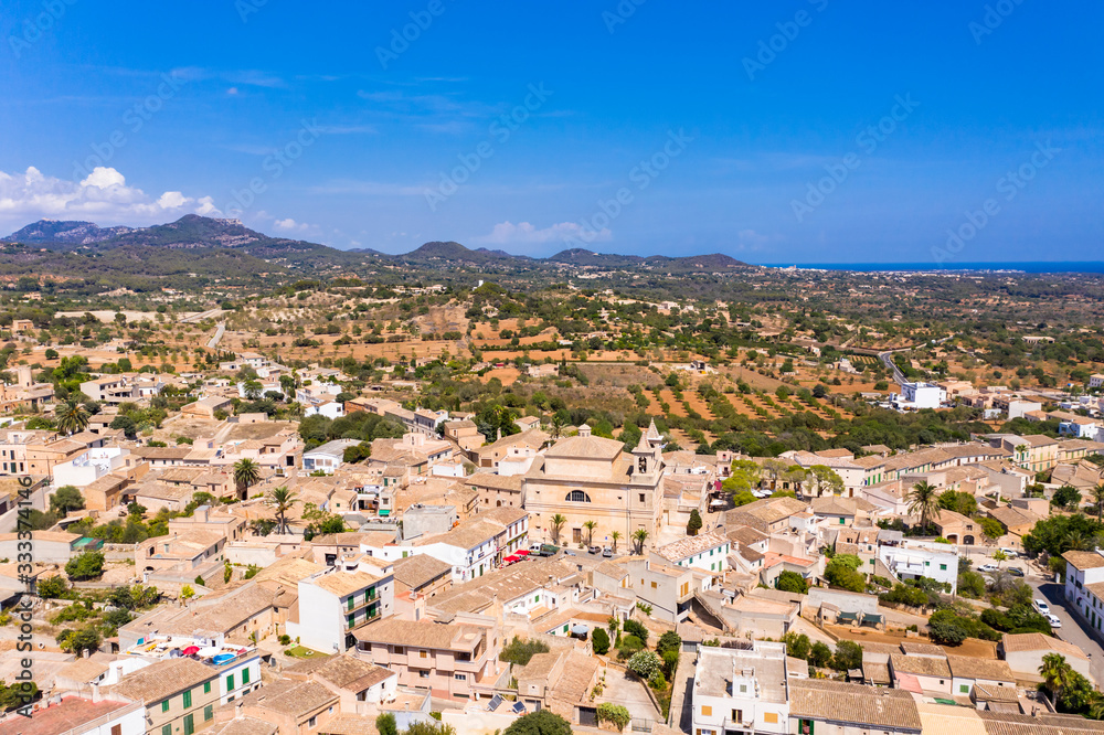 Aerial view, S'Alqueria Blanca with Parroquia de San José church, Mallorca, Balearic Islands, Spain