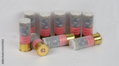 12 gauge shotgun ammunition on a white background