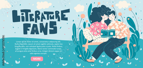 Book fans, literature lovers, couple young people reading in nature, on bench. Literature fan concept vector landing page template