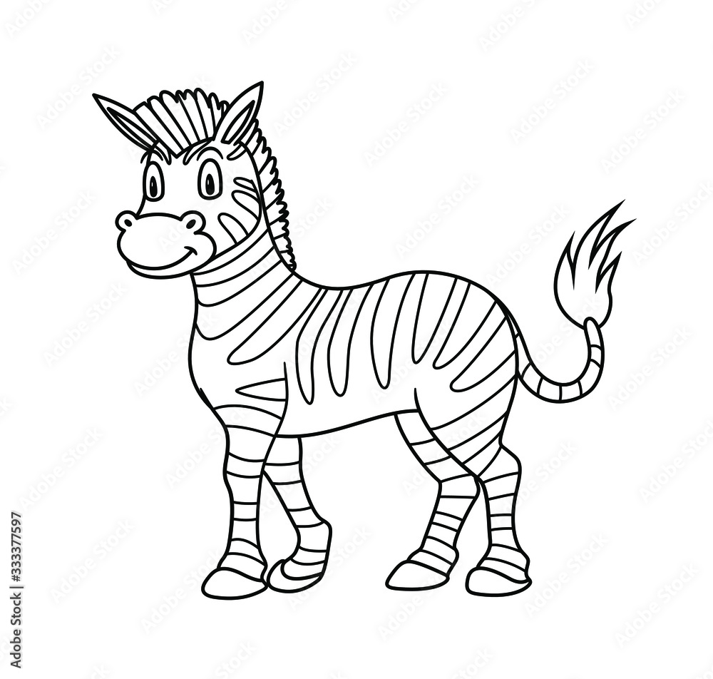 Cartoon Animal Zebra. Vector illustration. For pre school education,  kindergarten and kids and children. Coloring page and books, zoo topic.  With smiling happy face, friendly african striped horse Stock Vector | Adobe
