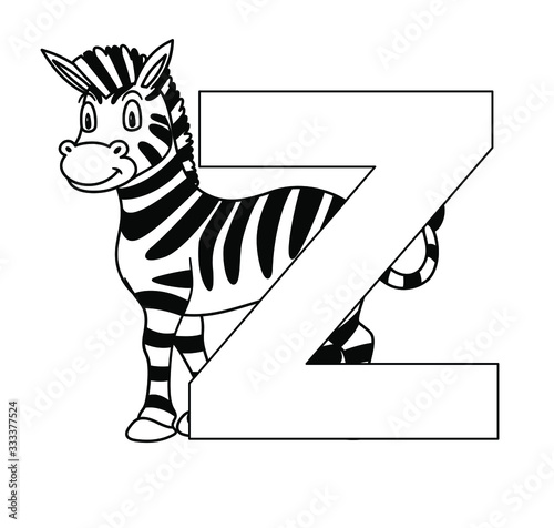 Animal alphabet. capital letter Z, Zebra. Vector illustration. For pre school education, kindergarten and foreign language learning for kids and children. Coloring page and books, zoo topic.