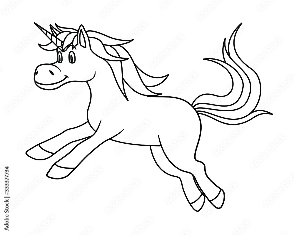 Cartoon Animal Unicorn. Vector illustration. For pre school education, kindergarten and kids and children. Coloring page and books, zoo topic. With smiling happy face, friendly fantasy horse with horn