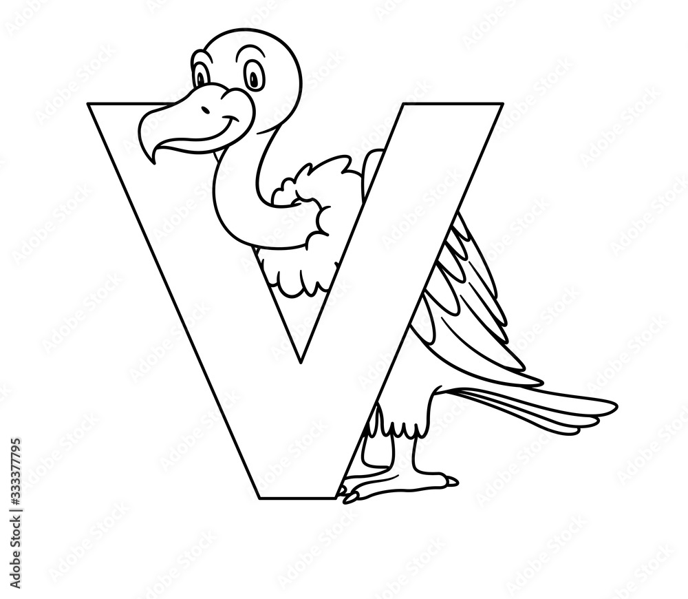 Animal alphabet. capital letter V, Vulture. Raster illustration. For pre  school education, kindergarten and foreign language learning for kids and  children. Coloring page and books, zoo topic. Stock Illustration | Adobe  Stock