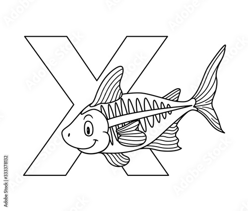 Animal alphabet. capital letter X, X-ray fish. Raster illustration. For pre school education, kindergarten and foreign language learning for kids and children. Coloring page and books, zoo topic.