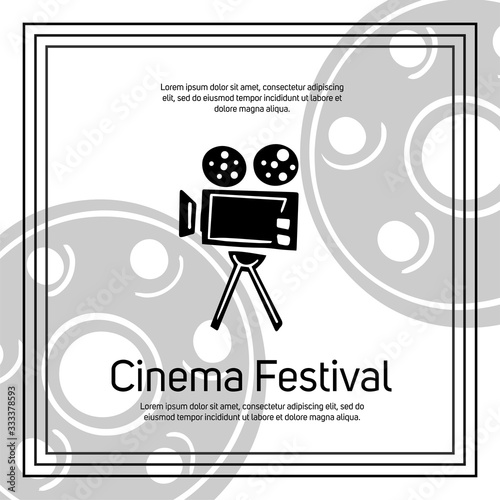 Cinema festival banner template with text space. Retro movie camera vector illustration in doodle style.