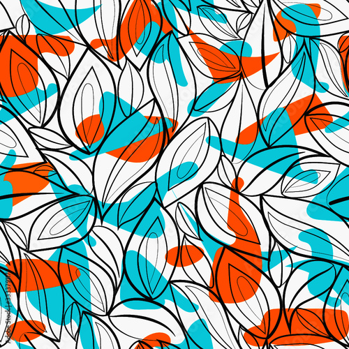 Fototapeta Naklejka Na Ścianę i Meble -  modern trendy apparel textile abstract shape and laef outline cool colour seamless vector pattern