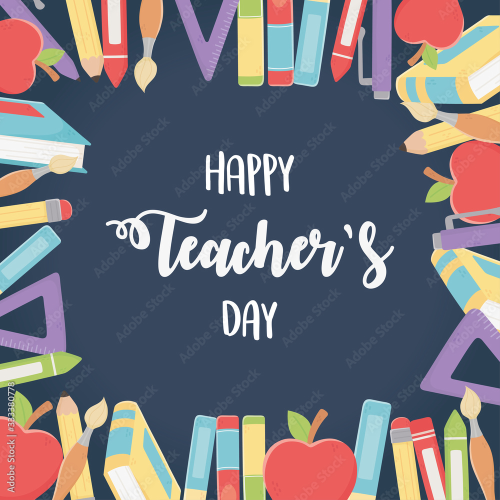 happy teachers day, colorful crayons pencils books apples pens and
