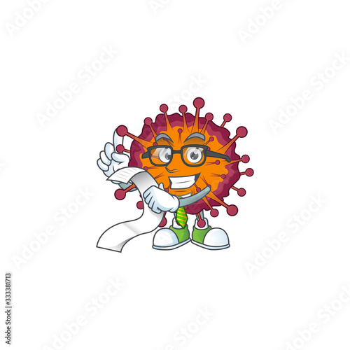 cartoon character of COVID19 syndrome holding menu on his hand