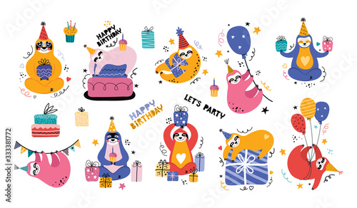 Cute kawaii sloth at a party. Big set of cartoon bears with gifts  balloons  cake and other festive items and elements. Handwritten holiday inscription. Scandinavian flat vector illustration.