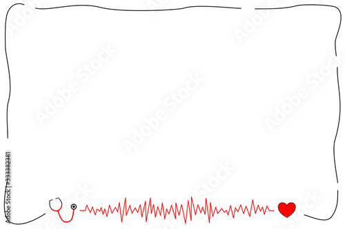 Vector - Stethoscope, Heartbeat and simple line on white background. Simple border. Healthcare concept. Copy space.
