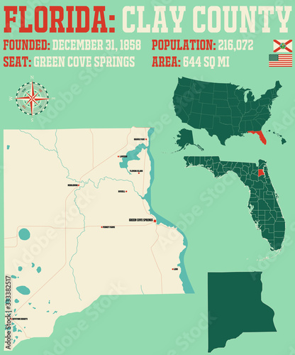 Large and detailed map of Clay county in Florida, USA.