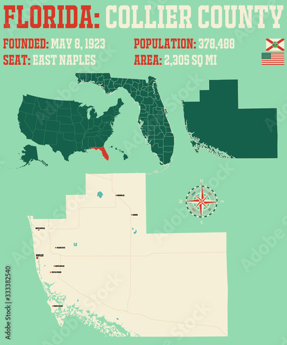 Large and detailed map of Collier county in Florida, USA.