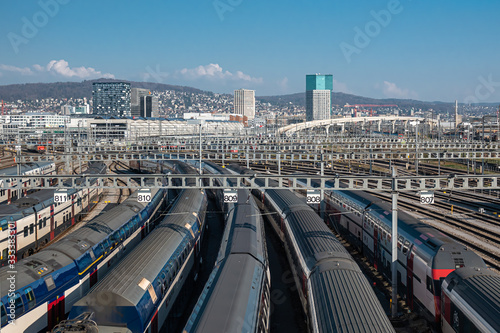 ZURICH, SWITZERLAND - MARCH 19, 2020: Serving up to 2,915 trains per day, Zürich main station is one of the busiest railway stations in the world. photo