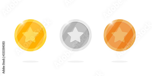 Gold silver bronze medal coin set with star for video game or apps animation. Bingo jackpot casino poker win elements. Cash treasure concept isolated flat eps vector illustration photo