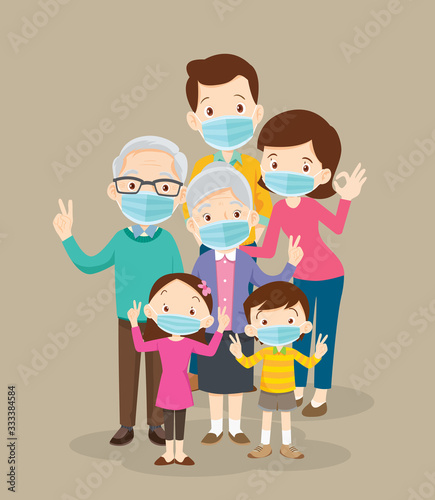 big family  wearing a surgical mask to prevent virus covid-19