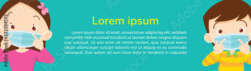 children wear a medical face mask with copy space for banner