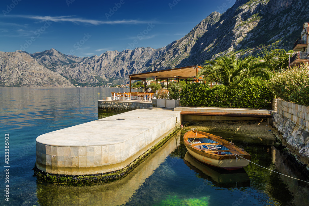 Naklejka premium Sunny morning view of Kotor bay near village Dobrota, Montenegro.