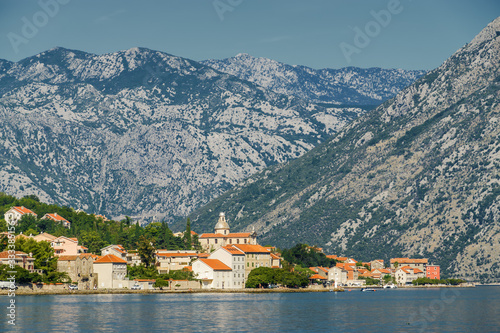 Sunny morning view of Kotor bay near village Dobrota, Montenegro.