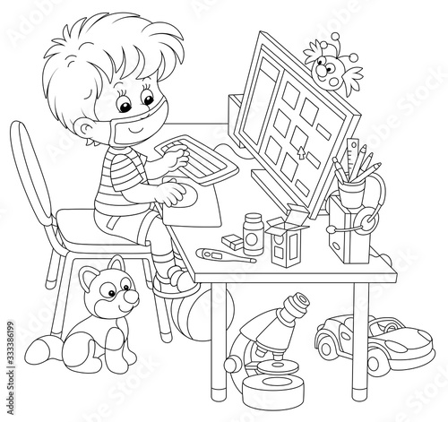 Distance learning in quarantine at home, a small cheerful schoolboy in a mask sitting at his computer and studying educational materials on a school site during flu epidemic, vector illustration