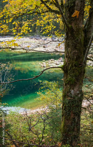 Peaceful autumn Alps mountain lake with clear transparent water and reflections. Gosauseen or Vorderer Gosausee lake  Upper Austria.