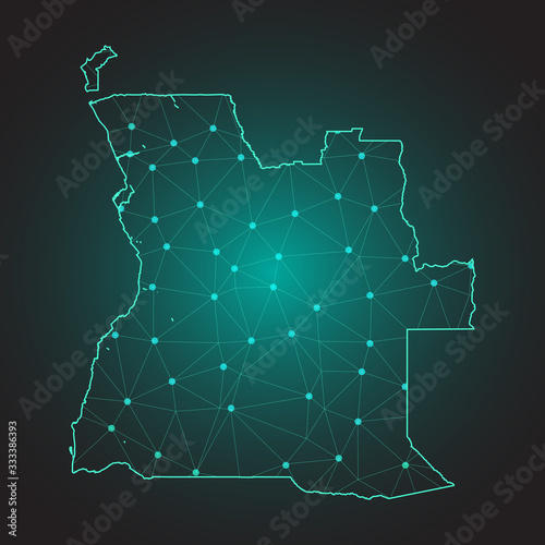 Map of Angola from Polygonal wire frame low poly mash, contours network line, luminous space stars, design sphere, dot and structure. Vector Illustration EPS10. - Vector