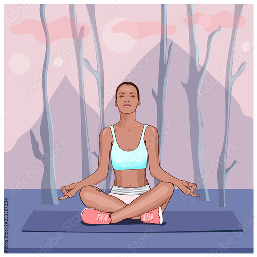 Amazing cartoon girl in yoga lotus practices meditation on nature. Practice of yoga. Vector illustration. Young and happy woman meditating