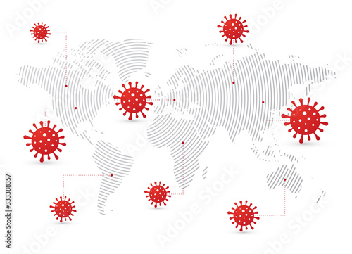 world map showing the spread of the world epidemic with red symbols of the covid-19 virus