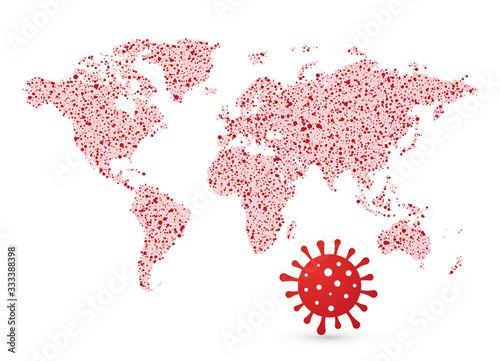 World map with red dots as dots to indicate the position of a dangerous pandemic disease virus